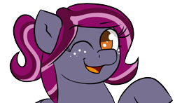 Size: 1364x800 | Tagged: safe, artist:tranzmuteproductions, imported from derpibooru, oc, oc only, oc:spotlight splash, earth pony, pony, bust, earth pony oc, female, freckles, glasses, mare, one eye closed, simple background, smiling, solo, transparent background, wink