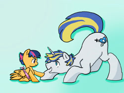 Size: 2048x1536 | Tagged: safe, artist:kianamai, artist:tragedy-kaz, color edit, edit, imported from derpibooru, oc, oc only, oc:starburst, oc:valiant heart, pegasus, pony, unicorn, kilalaverse, colored, cousins, duo, face down ass up, female, filly, horn, male, offspring, parent:flash sentry, parent:princess cadance, parent:shining armor, parent:twilight sparkle, parents:flashlight, parents:shiningcadance, pegasus oc, stallion, unicorn oc