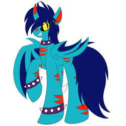 Size: 1500x1500 | Tagged: safe, artist:tragedy-kaz, imported from derpibooru, oc, oc only, alicorn, bat pony, bat pony alicorn, pony, bat pony oc, bat wings, choker, grin, horn, simple background, slit pupils, smiling, solo, spiked choker, spiked wristband, transparent background, wings, wristband