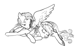 Size: 1084x705 | Tagged: safe, artist:spectralunicorn, imported from derpibooru, fluttershy, rainbow dash, pegasus, pony, rabbit, animal, black and white, cuddling, drool, eyes closed, female, flutterdash, grayscale, lesbian, lidded eyes, lineart, looking at someone, lying down, mare, monochrome, open mouth, shipping, simple background, sleeping, sleepydash, smiling, spread wings, white background, wings