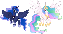 Size: 7000x3800 | Tagged: safe, artist:negatif22, imported from derpibooru, princess celestia, princess luna, alicorn, pony, absurd resolution, crown, duo, duo female, female, flying, grin, jewelry, looking at you, mare, movie accurate, regalia, royal sisters, siblings, simple background, sisters, smiling, smiling at you, spread wings, transparent background, wings