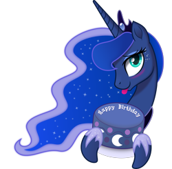 Size: 5000x4890 | Tagged: safe, artist:johnjoseco, artist:negatif22, imported from derpibooru, princess luna, alicorn, pony, .svg available, :p, birthday cake, blushing, bust, cake, cute, female, food, happy birthday, lunabetes, mare, movie accurate, portrait, simple background, solo, tongue out, transparent background, vector