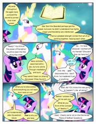 Size: 612x792 | Tagged: safe, artist:newbiespud, edit, edited screencap, imported from derpibooru, screencap, princess celestia, twilight sparkle, alicorn, pony, unicorn, comic:friendship is dragons, magical mystery cure, book, comic, eyelashes, female, glowing, glowing horn, horn, jewelry, looking back, magic, mare, peytral, raised hoof, smiling, telekinesis, tiara, unicorn twilight, wings