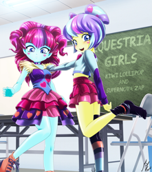 Size: 2553x2894 | Tagged: safe, artist:mauroz, imported from derpibooru, kiwi lollipop, supernova zap, equestria girls, absurd file size, anime, chair, chalkboard, clothes, commission, duo, duo female, eyebrows, eyebrows visible through hair, female, high res, k-lo, looking at you, open mouth, open smile, postcrush, smiling, smiling at you, socks, standing, standing on one leg, stocking feet, stockings, striped socks, su-z, table, thigh highs, younger