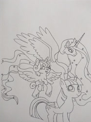 Size: 1280x1707 | Tagged: safe, artist:gojira1604shinomura, imported from derpibooru, princess celestia, princess flurry heart, twilight sparkle, alicorn, pony, baby, baby pony, pencil drawing, sketch, traditional art, trio, twilight sparkle (alicorn)