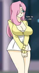 Size: 975x1818 | Tagged: safe, artist:_mssj9, derpibooru exclusive, imported from derpibooru, fluttershy, human, big breasts, blushing, breasts, busty fluttershy, cleavage, clothes, dress, eye clipping through hair, eyebrows, eyebrows visible through hair, humanized, long hair, long sleeves, looking away, short dress