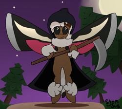 Size: 1900x1700 | Tagged: safe, artist:stemthebug, imported from derpibooru, oc, oc only, oc:stem bedstraw, insect, moth, mothpony, original species, pony, clothes, hood, moon, night, scythe, solo