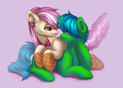 Size: 1400x1000 | Tagged: safe, artist:ariamidnighters, imported from derpibooru, oc, oc:green byte, oc:vanillaberry swirl, earth pony, food pony, pony, unicorn, bowtie, commission, duo, ear piercing, female, food, male, mare, piercing, ponified, simple background, stallion, ych result