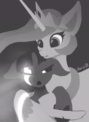 Size: 1639x2231 | Tagged: safe, artist:hornmlp, imported from derpibooru, princess celestia, twilight sparkle, alicorn, pony, unicorn, crepuscular rays, duo, female, floppy ears, grayscale, hug, inktober, inktober 2021, jewelry, looking at each other, mare, monochrome, one eye closed, open mouth, regalia, smiling, sunlight, winghug, wings, yawn