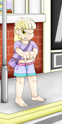 Size: 2000x4000 | Tagged: safe, artist:pvryohei, imported from derpibooru, dinky hooves, human, anklet, barefoot, barefooting, belly button, belt, city, clothes, feet, female, humanized, jewelry, purse, shirt, shorts, solo, street, toes