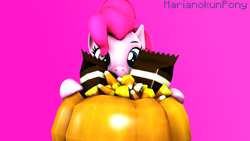 Size: 3840x2160 | Tagged: safe, artist:marianokun, imported from derpibooru, pinkie pie, earth pony, 3d, candy, chocolate, food, high res, looking at you, pumpkin, source filmmaker