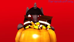 Size: 3840x2160 | Tagged: safe, alternate version, artist:marianokun, imported from derpibooru, oc, oc only, oc:ada, earth pony, 3d, alternate character, candy, chocolate, d'lirium, food, high res, looking at you, pumpkin, source filmmaker