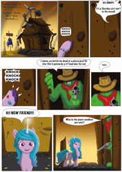 Size: 2135x3000 | Tagged: safe, artist:cactuscowboydan, imported from derpibooru, izzy moonbow, pony, unicorn, comic:the good the bad and the pony, spoiler:g5, spoiler:my little pony: a new generation, bullet, cactus, comic, coronavirus, covid-19, cowboy hat, desert, door, g5, gun, handgun, hat, hi new friend, high res, house, my little pony: a new generation, pistol, ranch, revolver, smiling, weapon