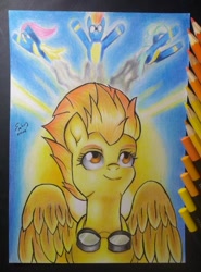 Size: 465x630 | Tagged: safe, artist:shadowingartist, imported from derpibooru, fluttershy, rainbow dash, spitfire, vapor trail, pegasus, pony, bright, drawing, flying, glasses, sky, smoke, traditional art, wings, wonderbolts