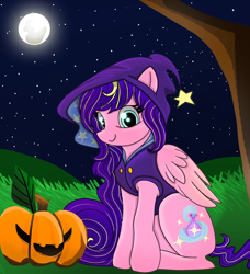 Size: 2310x2532 | Tagged: safe, artist:starsilk, imported from derpibooru, oc, oc:star silk, pegasus, pony, full moon, glowing, grass, halloween, high res, holiday, hood, moon, moonlight, night, october, pumpkin, sky, stars, tree, witch