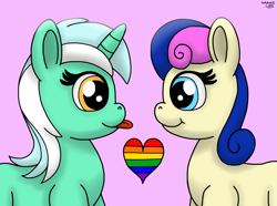 Size: 2131x1586 | Tagged: safe, artist:darkyboode32, imported from derpibooru, bon bon, lyra heartstrings, sweetie drops, earth pony, unicorn, bust, couple, cute, duo, female, females only, gay pride flag, happy, heart, lesbian, looking at each other, love, lyrabetes, lyrabon, pink background, pride, pride flag, shipping, simple background, smiling, tongue out
