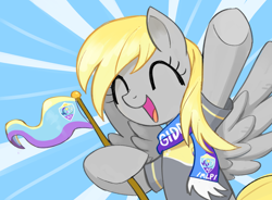Size: 2374x1744 | Tagged: artist needed, safe, artist:marbo, edit, imported from derpibooru, derpy hooves, pegasus, pony, /mlp/, 4chan, 4chan cup, cheering, clothes, female, flag, giddy up, happy, mare, open mouth, solo, sports, wings