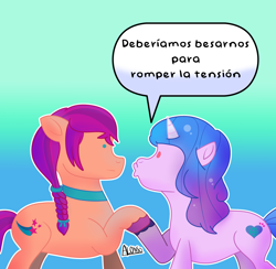Size: 1768x1725 | Tagged: safe, artist:alonso-bazan, imported from derpibooru, izzy moonbow, sunny starscout, spoiler:my little pony: a new generation, awkward, beady eyes, female, g5, holding hooves, izzyscout, kissing, lesbian, my little pony: a new generation, shipping, spanish, spanish text