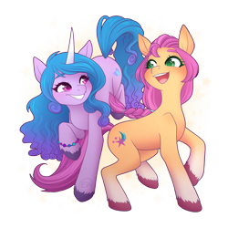 Size: 2048x2048 | Tagged: safe, artist:erkythehero23, imported from derpibooru, izzy moonbow, sunny starscout, earth pony, pony, unicorn, spoiler:g5, g5, happy, looking at each other, my little pony: a new generation, raised hoof, smiling