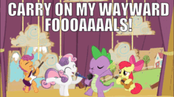 Size: 960x539 | Tagged: safe, edit, editor:undeadponysoldier, imported from ponybooru, apple bloom, scootaloo, spike, sweetie belle, band, carry on wayward son, concert, cutie mark crusaders, electric guitar, group singing, guitar, kansas, lyrics, micro, musical instrument, parody, props, singing, song parody, song reference, stage, text, they grow up so fast