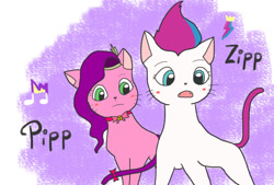 Size: 1104x745 | Tagged: safe, artist:foxy1219, imported from derpibooru, pipp petals, zipp storm, cat, bell, bowtie, catified, duo, duo female, fangs, female, g5, siblings, sisters, species swap