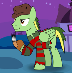 Size: 545x557 | Tagged: safe, artist:didgereethebrony, imported from derpibooru, oc, oc only, oc:didgeree, pegasus, pony, clothes, costume, cropped, freddy krueger, halloween, halloween costume, holiday, nightmare night, nightmare on elm street, reupload, solo