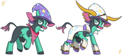 Size: 1280x576 | Tagged: safe, artist:hiddelgreyk, imported from derpibooru, oc, oc:zelckip, cow, them's fightin' herds, arizona (tfh), bandana, boots, clothes, cloven hooves, coat, cowboy boots, ear piercing, glue cup (tfh), gold, green eyes, hat, piercing, redesign, shoes, simple background, spurs, transparent background, trixie's hat, warframe