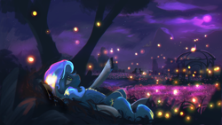 Size: 3840x2160 | Tagged: safe, artist:hierozaki, imported from derpibooru, oc, oc only, earth pony, firefly (insect), insect, pony, high res, moon, night, scenery, tree
