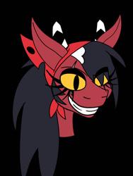 Size: 960x1280 | Tagged: safe, artist:sparkplugthefox, imported from derpibooru, demon, demon pony, imp, pony, bandana, bust, evil grin, female, grin, helluva boss, horns, mare, ponified, sallie may, smiling, solo, trans female, transgender