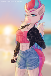 Size: 1200x1800 | Tagged: safe, artist:shad0w-galaxy, imported from derpibooru, zipp storm, anthro, pegasus, abs, beach, belly button, bubblegum, clothes, female, food, g5, gum, jacket, jewelry, leather jacket, mare, my little pony: a new generation, necklace, phone, piercing, shorts, solo, tanktop, wings