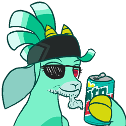 Size: 500x500 | Tagged: safe, artist:hiddelgreyk, imported from derpibooru, shanty (tfh), goat, them's fightin' herds, 30 year old boomer, boomer, facial hair, glue cup (tfh), goatee, headband, meme, mountain dew, rectangular pupil, red eyes, simple background, stubble, sunglasses, transparent background
