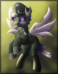 Size: 2500x3200 | Tagged: safe, alternate version, artist:stardustspix, imported from derpibooru, oc, oc only, oc:alcippe, changeling, equestria at war mod, bag, boots, clothes, digital art, fangs, flying, grin, hat, high res, looking at you, military uniform, purple changeling, rearing, saddle bag, shoes, smiling, solo, spread wings, uniform, wings