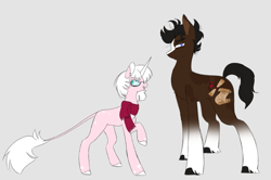 Size: 933x621 | Tagged: safe, artist:mewzynn, imported from derpibooru, oc, oc:chestnut, oc:peony poppy, earth pony, pony, unicorn, clothes, glasses, leonine tail, lidded eyes, scarf, tail, unshorn fetlocks