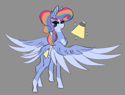 Size: 992x754 | Tagged: safe, artist:mewzynn, imported from derpibooru, oc, oc only, pegasus, pony, chest fluff, female, gray background, looking at you, looking back, simple background, solo, spread wings, tail, tail feathers, wings