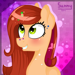 Size: 1840x1840 | Tagged: safe, artist:herusann, imported from derpibooru, oc, oc only, earth pony, pony, abstract background, buat, bust, earth pony oc, eyelashes, female, grin, mare, smiling