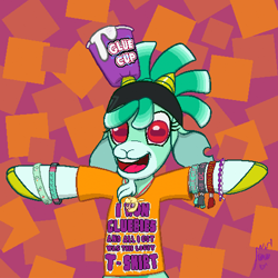 Size: 500x500 | Tagged: safe, artist:hiddelgreyk, imported from derpibooru, shanty (tfh), them's fightin' herds, abstract background, bracelet, clothes, friendship bracelet, glue cup, glue cup (tfh), happy, headband, jewelry, pendant, rectangular pupil, red eyes, shirt, t-shirt, wristband