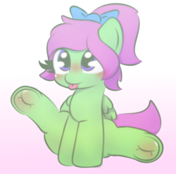 Size: 1474x1458 | Tagged: safe, artist:cushyhoof, imported from derpibooru, oc, oc only, oc:zippy sparkz, pegasus, pony, blushing, bow, cute, female, frog (hoof), hoof blush, looking up, mare, pony oc, ponytail, sitting, solo, underhoof