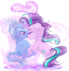 Size: 1280x1320 | Tagged: safe, alternate version, artist:schokocream, imported from derpibooru, starlight glimmer, trixie, pony, unicorn, butt, colored, duo, duo female, eye clipping through hair, eyebrows, eyebrows visible through hair, eyes closed, female, frog (hoof), glimmer glutes, glowing, glowing horn, grin, horn, lesbian, levitation, magic, magic aura, mare, plot, rearing, shading, shipping, simple background, smiling, startrix, telekinesis, underhoof, white background