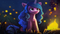 Size: 3840x2160 | Tagged: safe, alternate version, artist:hierozaki, imported from derpibooru, izzy moonbow, firefly (insect), insect, pony, unicorn, spoiler:my little pony: a new generation, campfire, commission, cute, female, fire, g5, high res, izzybetes, mare, my little pony: a new generation, night, scene interpretation, sitting, smiling, solo