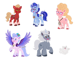 Size: 2412x1824 | Tagged: safe, artist:allisonpopick, imported from derpibooru, queen haven, sprout cloverleaf, dog, earth pony, pegasus, pomeranian, pony, unicorn, alphabittle blossomforth, argyle starshine, blush sticker, blushing, chibi, cloudpuff, cute, female, flying pomeranian, g5, male, mare, my little pony: a new generation, phyllis cloverleaf, simple background, stallion, transparent background, winged dog