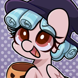 Size: 1000x1000 | Tagged: safe, artist:goyini01, imported from derpibooru, cozy glow, pegasus, pony, commission, cozybetes, cute, female, filly, hat, pumpkin bucket, solo, witch hat, ych result