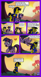 Size: 2130x3995 | Tagged: safe, artist:mrstheartist, imported from derpibooru, twilight sparkle, oc, oc only, oc:ponyseb 2.0, alicorn, pegasus, pony, angry, apple, apple tree, base used, black outlines, clothes, colored wings, colored wingtips, comic, crying, equine, female, flying, hasbro, heartbreak, high res, hoodie, male, mammal, ouch, plant, sitting, speech bubble, sunset, sweet apple acres, topwear, tree, twilight sparkle (alicorn), unzipped, vulgar, wings