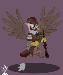 Size: 4245x5021 | Tagged: safe, artist:devorierdeos, imported from derpibooru, oc, oc only, griffon, fallout equestria, armor, bag, carbine, clothes, flying, griffon oc, gun, military, military uniform, mosin nagant, paws, pouch, red eye army, rifle, signal pistol, soar, spread wings, uniform, war paint, weapon, wings, yellow eyes