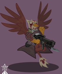 Size: 4245x5021 | Tagged: safe, artist:devorierdeos, imported from derpibooru, oc, oc only, griffon, fallout equestria, armor, armor skirt, bayonet, clothes, combat knife, flying, griffon oc, gun, military, military uniform, paws, pouch, red eye army, red eyes, simple background, skirt, spread wings, submachinegun, uniform, war paint, weapon, wings