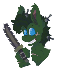 Size: 1000x1185 | Tagged: safe, artist:devil sugar, derpibooru exclusive, imported from derpibooru, oc, oc only, oc:binge, earth pony, pony, fallout equestria, chainsaw, fallout equestria x wild arms: trigger to tomorrow, fanfic art, knife, raider, scar, simple background, smiling, transparent background