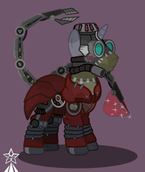 Size: 4245x5021 | Tagged: safe, artist:devorierdeos, imported from derpibooru, oc, oc only, cyborg, cyborg pony, pony, unicorn, fallout equestria, clothes, forceps, gas mask, goggles, horn, mask, night vision goggles, pony oc, robot arms, robotic arm, scribe, scribe robe, simple background, standing, steel ranger, steel ranger scribe, unicorn oc