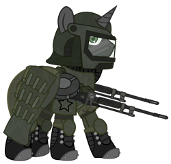 Size: 1259x1205 | Tagged: safe, artist:devorierdeos, imported from derpibooru, oc, oc only, pony, unicorn, fallout equestria, armor, armor skirt, boots, clothes, green eyes, gun, helmet, horn, machine gun, military, military uniform, pony oc, shoes, simple background, skirt, transparent background, unicorn oc, uniform, weapon