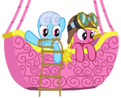 Size: 755x610 | Tagged: safe, artist:azgchip, imported from derpibooru, cherry berry, linky, shoeshine, earth pony, pony, digital art, duo, female, goggles, hot air balloon, ladder, mare, mouth hold, simple background, transparent background, waving