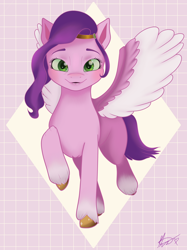 Size: 640x854 | Tagged: safe, artist:strawbaby-milk, imported from derpibooru, pipp petals, pegasus, pony, female, g5, headband, looking at you, mare, my little pony: a new generation, solo, spread wings, unshorn fetlocks, wings