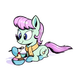 Size: 1200x1200 | Tagged: safe, artist:mellodillo, imported from derpibooru, oc, oc only, oc:sherbet, earth pony, pony, clothes, dexterous hooves, female, food, ice cream, lying down, mare, prone, scarf, simple background, solo, spoon, white background